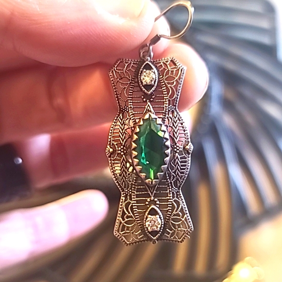 Emerald & CZ Silver Filigree Edwardian Reproduction Earrings - Picture 5 of 11